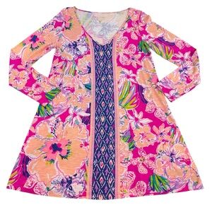 Lilly Pulitzer Paradis Swing Dress Colorful Floral LS Mini Dress Sz LG Pink